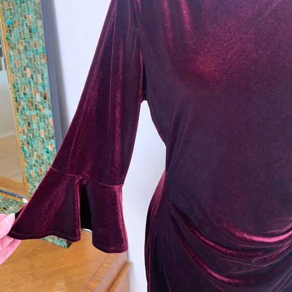 Ralph Lauren XL Velvet Ruched Stretch Dress Wine Red Bell Sleeve Formal Holiday - Picture 4 of 10